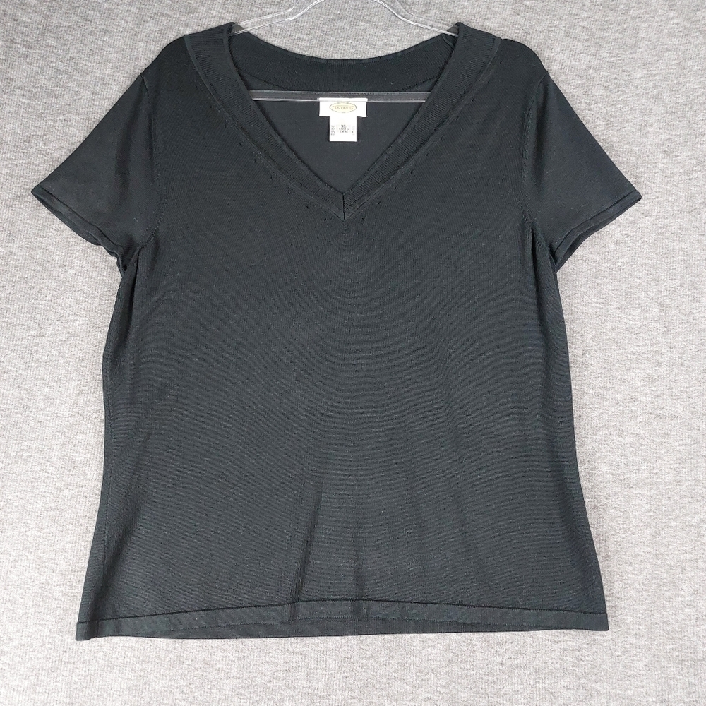 TALBOTS WOMENS BLACK V-NECK SHORT SLEEVE SILK BLEND PULLOVER SWEATER SIZE XL
